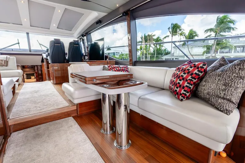 Fly By Yacht Photos Pics Luxurious interior of 2019 Princess V65 yacht with elegant seating and modern decor.