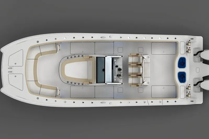  Yacht Photos Pics Top view of 2026 Freeman 33 boat with spacious deck and dual engines.