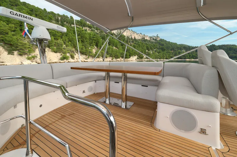  Yacht Photos Pics 2023 Azimut 53 yacht deck with seating, table, and scenic view.