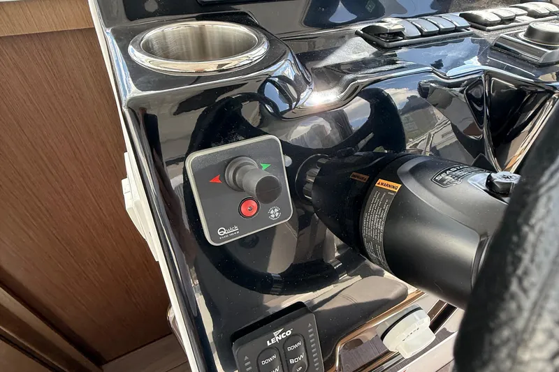  Yacht Photos Pics Control panel of a 2021 Beneteau Antares 9 boat with joystick and throttle.