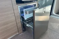 Stainless steel drawer fridge in 2022 Saxdor 320 GTC boat interior.