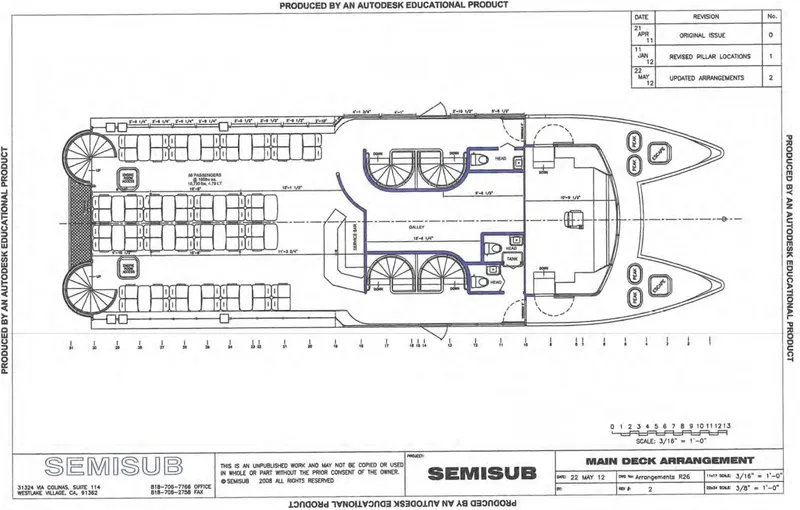  Yacht Photos Pics Plan of 2010 Custom Semi Sub Power Catamaran, showing main deck arrangement and seating layout.