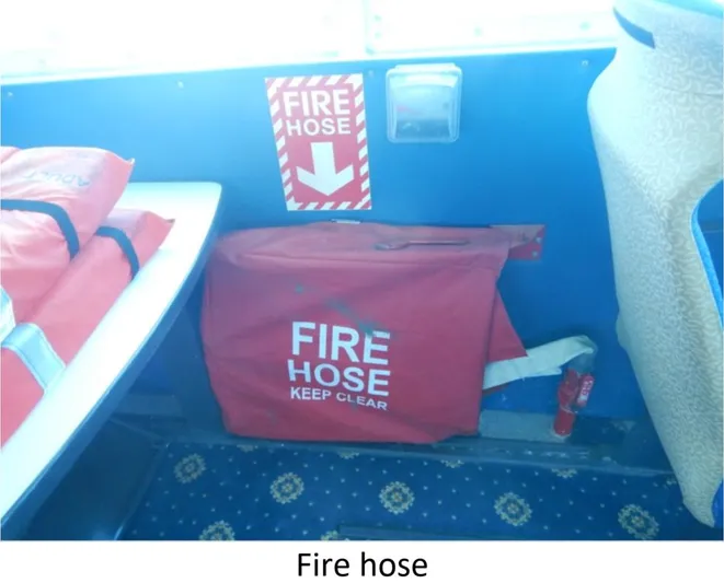  Yacht Photos Pics Fire hose storage on 2010 Custom Semi Sub Power Catamaran, marked with safety signage.