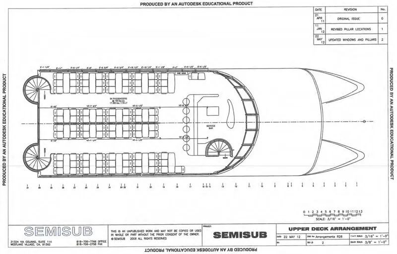  Yacht Photos Pics Blueprint of 2010 Custom Semi Sub Power Catamaran upper deck layout.