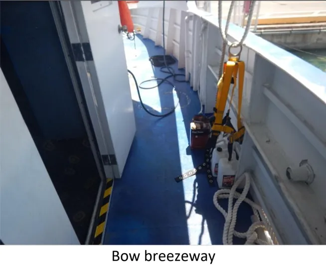  Yacht Photos Pics Bow breezeway of 2010 Custom Semi Sub Power Catamaran with ropes and equipment.