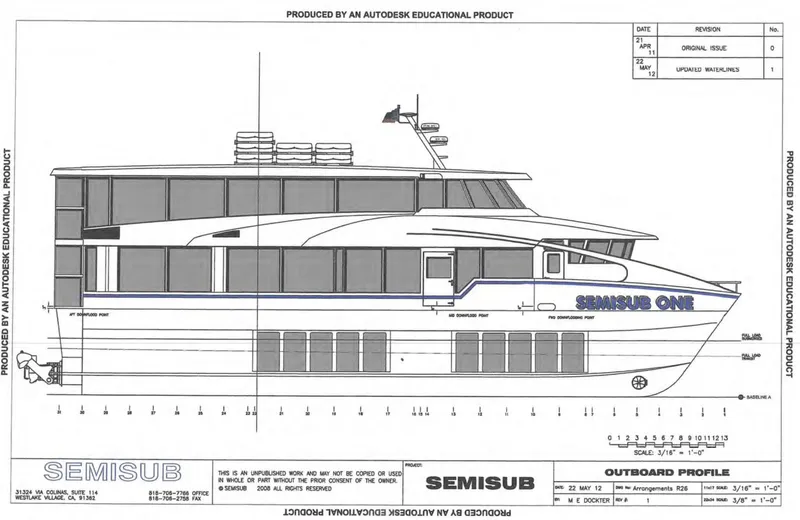  Yacht Photos Pics Blueprint of a 2010 Custom Semi Sub Power Catamaran, side profile view.