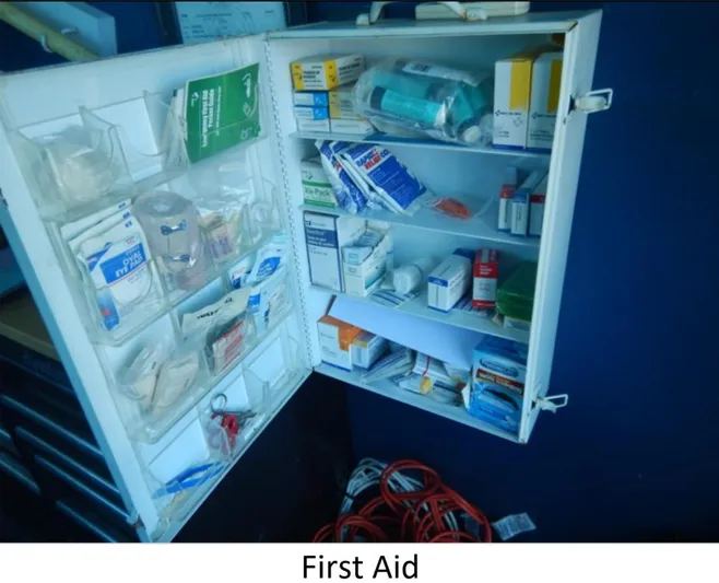  Yacht Photos Pics First aid cabinet on a 2010 Custom Semi Sub Power Catamaran, stocked with medical supplies.