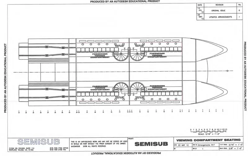  Yacht Photos Pics Blueprint of a 2010 Custom Semi Sub Power Catamaran, featuring detailed seating layout.