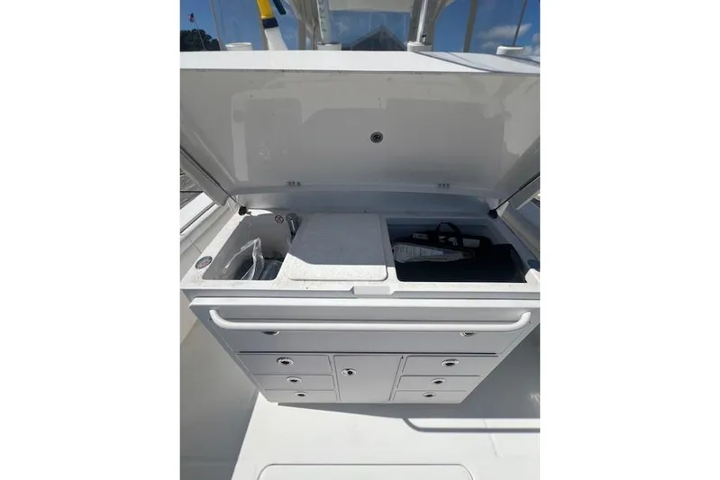 Tesoro Mio Yacht Photos Pics 2017 Regulator 31 boat storage compartment with open lid and organized interior.