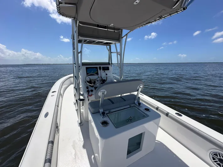  Yacht Photos Pics 2024 Lake & Bay 25 Open boat on calm waters under clear blue sky.