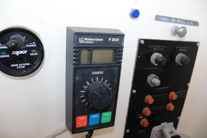 Carina Yacht Photos Pics Control panel of a 1990 Grand Banks 36 Europa with Robertson F200 autopilot.