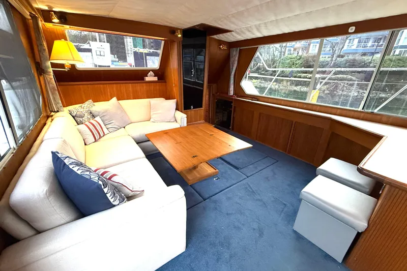 "sarona Ii" Yacht Photos Pics Interior of 1994 Tollycraft 45 Cockpit Motor Yacht with cozy seating and wooden accents.