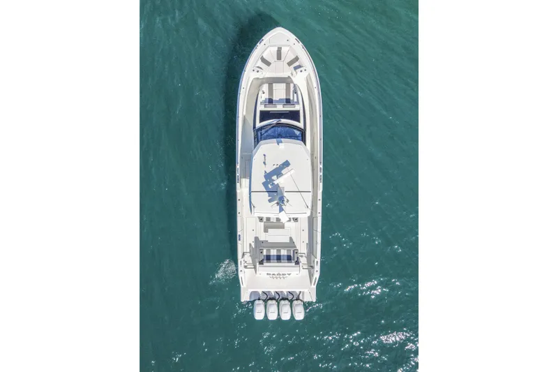 Daddy Issues Usa Yacht Photos Pics Aerial view of 2021 Ocean Alexander 45 Divergence Sport yacht on blue water.