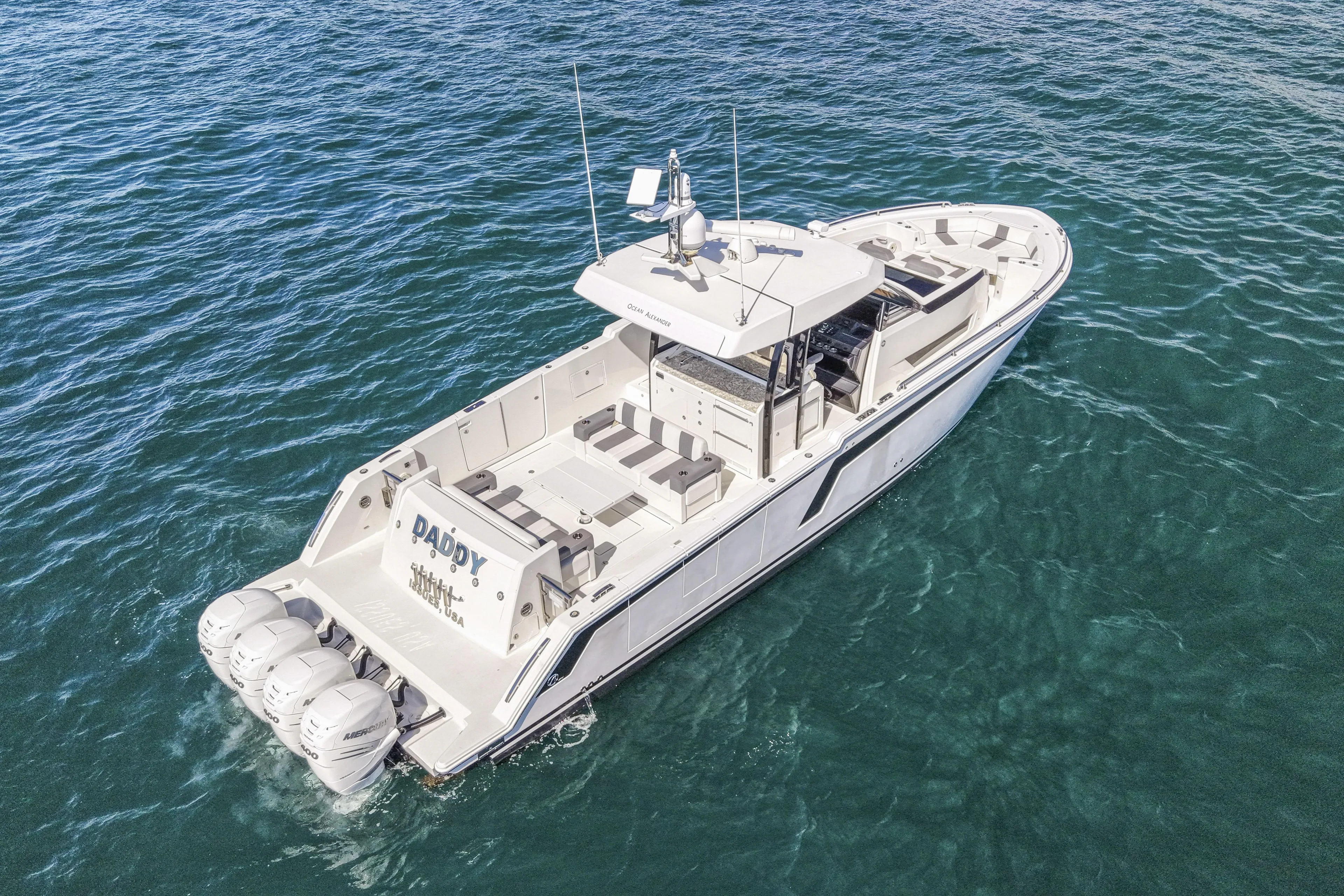 Daddy Issues Usa Yacht Photos Pics 2021 Ocean Alexander 45 Divergence Sport boat on clear blue water.