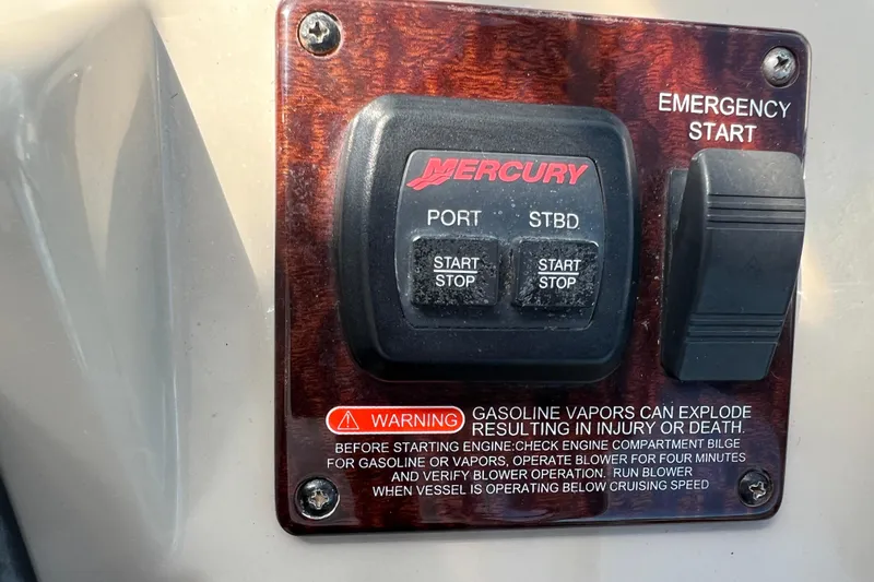 Mango Yacht Photos Pics Mercury engine control panel on 2005 Sea Ray Sundancer 350 with safety warning.