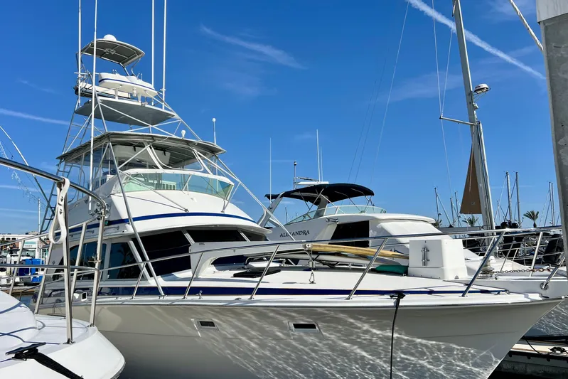 Live Wire Yacht Photos Pics 1982 Bertram 46 Convertible yacht docked at marina under clear blue sky.