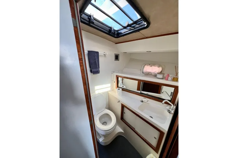 Live Wire Yacht Photos Pics 1982 Bertram 46 Convertible yacht bathroom with skylight, toilet, and sink.