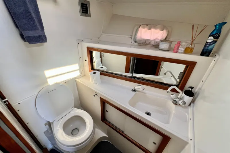 Live Wire Yacht Photos Pics 1982 Bertram 46 Convertible yacht bathroom with toilet, sink, and toiletries.