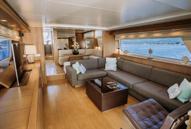  Yacht Photos Pics Luxurious interior of 2009 Sanlorenzo SL72 yacht with elegant seating and panoramic windows.