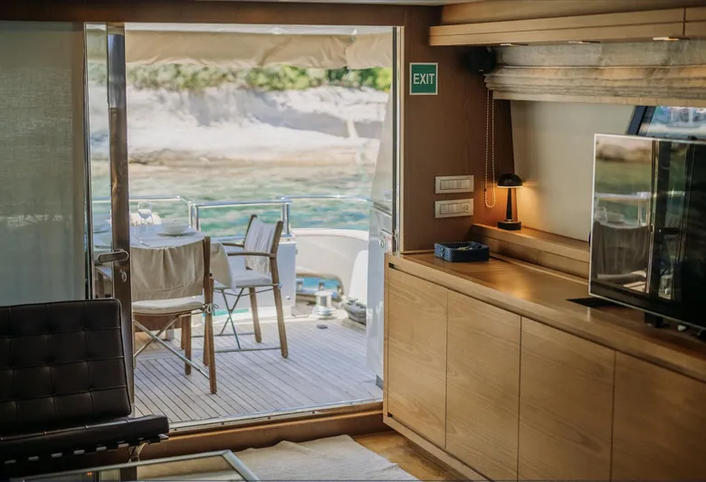  Yacht Photos Pics Luxurious interior of 2009 Sanlorenzo SL72 yacht with open deck view.