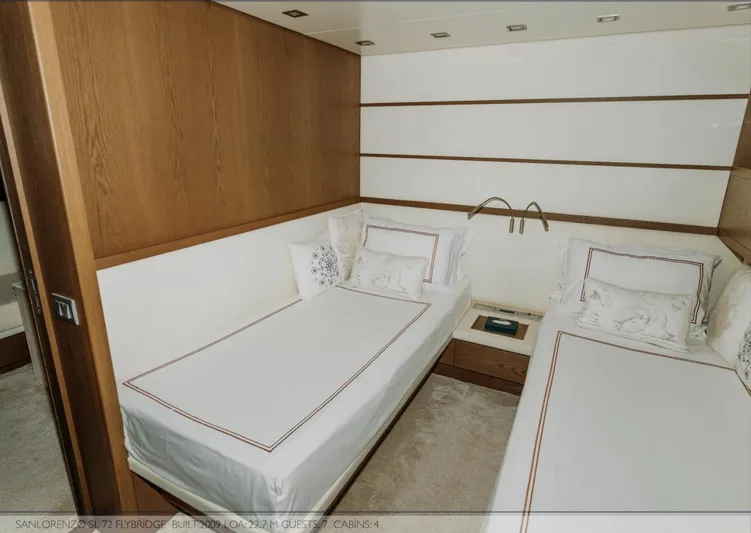  Yacht Photos Pics Twin beds in a luxurious 2009 Sanlorenzo SL72 yacht cabin.