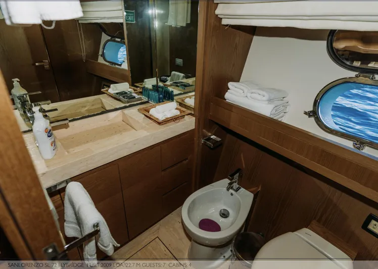  Yacht Photos Pics Luxurious bathroom on 2009 Sanlorenzo SL72 yacht with ocean view and modern amenities.