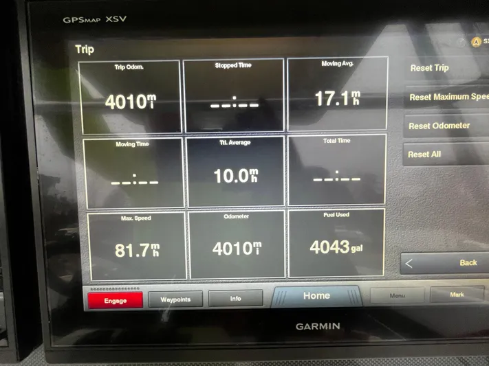 Steelin Time III Yacht Photos Pics Garmin GPS display showing trip data for 2011 Fountain 38 CC Tournament Edition boat.