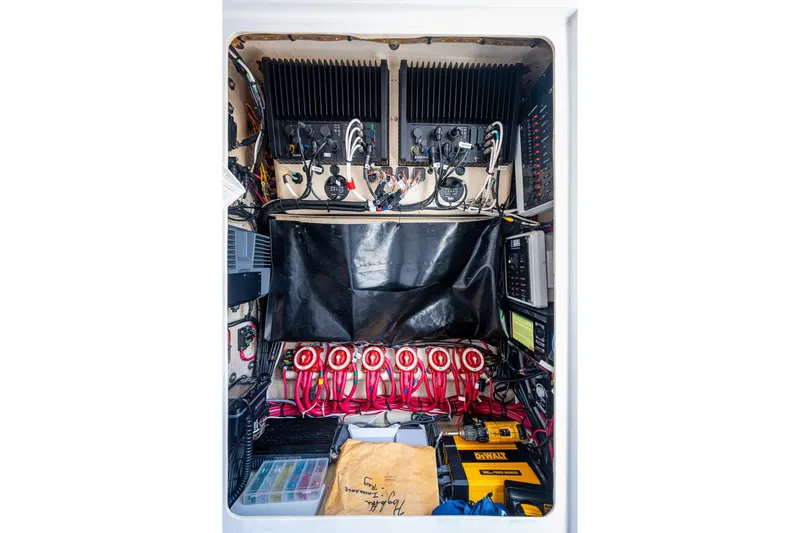  Yacht Photos Pics Electrical system of a 2015 Bahama 41 boat, featuring organized wiring and components.