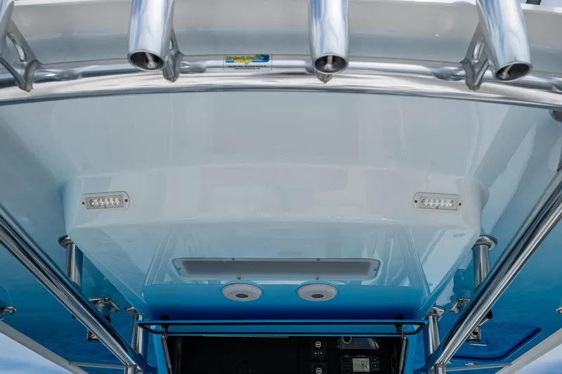  Yacht Photos Pics 2015 Bahama 41 boat's overhead view with stainless steel rod holders and LED lights.