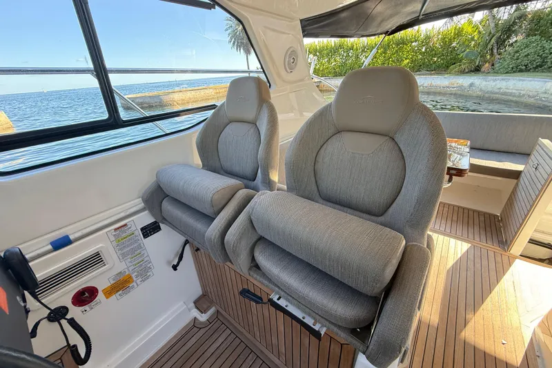  Yacht Photos Pics Interior of 2018 Azimut Atlantis 43 yacht with plush seating and ocean view.