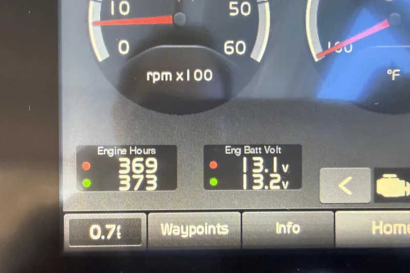  Yacht Photos Pics Dashboard of 2018 Azimut Atlantis 43 showing engine hours and battery voltage.
