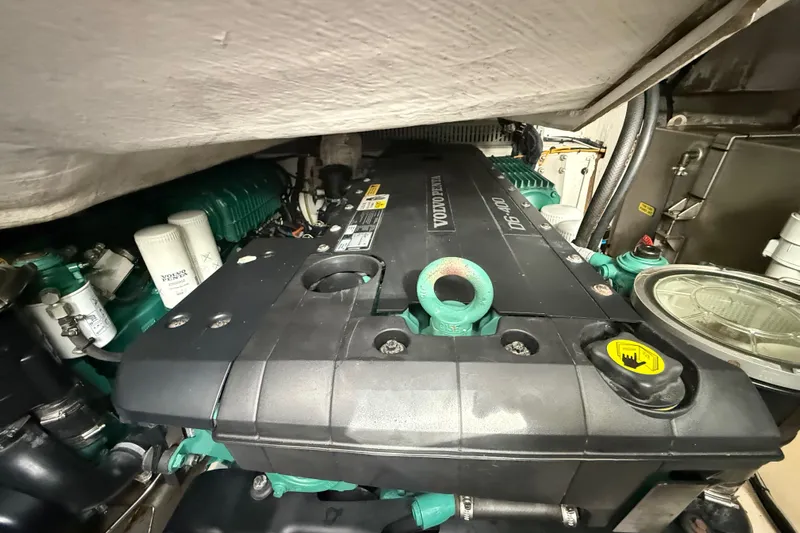  Yacht Photos Pics Engine compartment of a 2018 Azimut Atlantis 43 yacht featuring a Volvo Penta D6-400 engine.