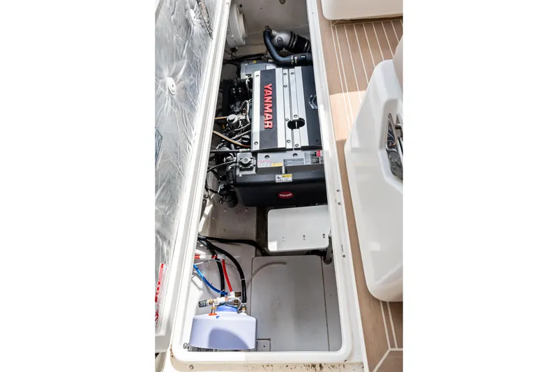 Yacht Photos Pics Engine compartment of 2025 Makai M37 boat featuring a Yanmar engine.