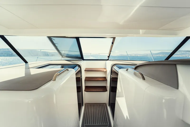  Yacht Photos Pics Interior view of 2025 Makai M37 yacht, featuring sleek design and panoramic windows.