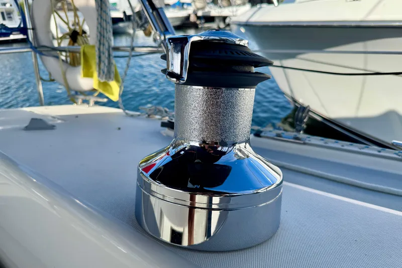 Ostrich Yacht Photos Pics Chrome winch on 2004 Catalina 42 MkII sailboat deck, docked at marina.