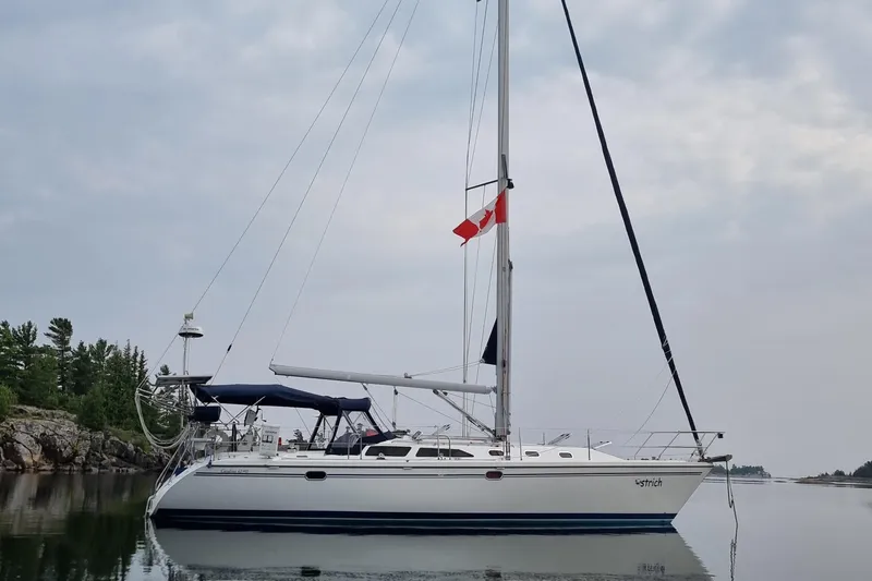 Ostrich Yacht Photos Pics 2004 Catalina 42 MkII sailboat anchored on calm water with forested shoreline.