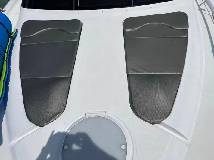  Yacht Photos Pics 2000 Carver 506 Motor Yacht deck with gray cushioned seating.