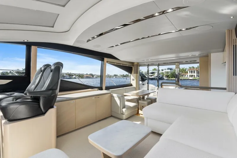 Above Deck Yacht Photos Pics Luxurious interior of 2018 Princess S60 yacht with modern seating and panoramic windows.
