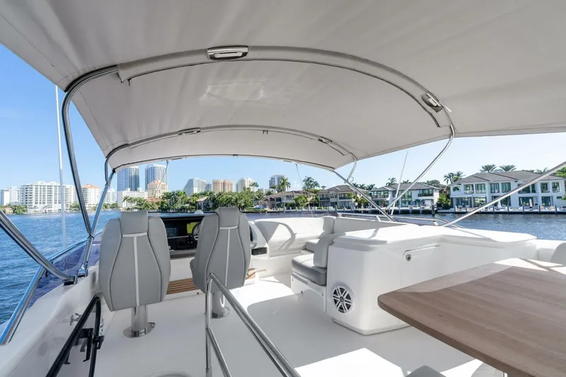 Above Deck Yacht Photos Pics Luxurious 2018 Princess S60 yacht interior with waterfront cityscape view.