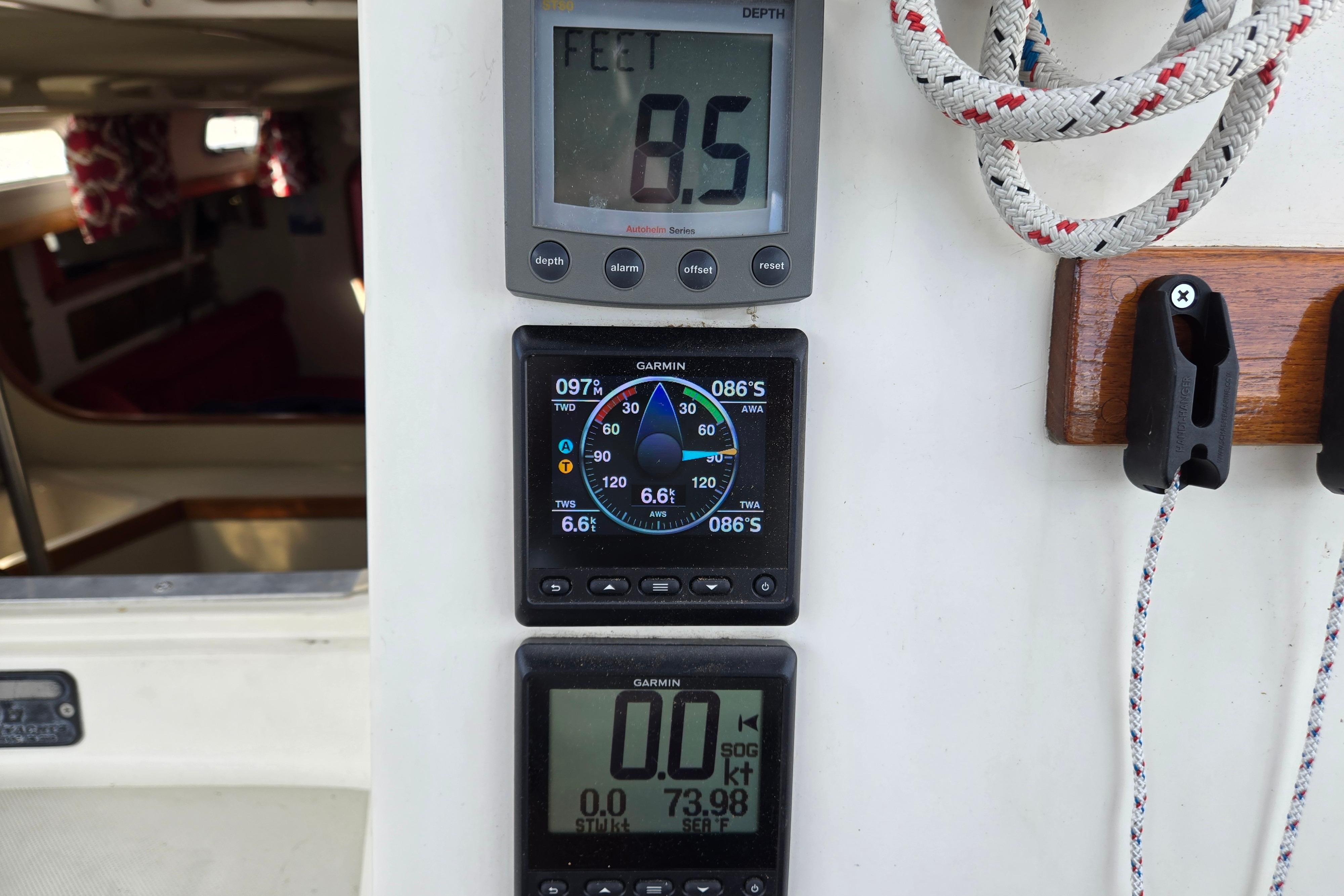 Sailing instruments on a 1989 Pearson 37-2 yacht, displaying depth and speed data.