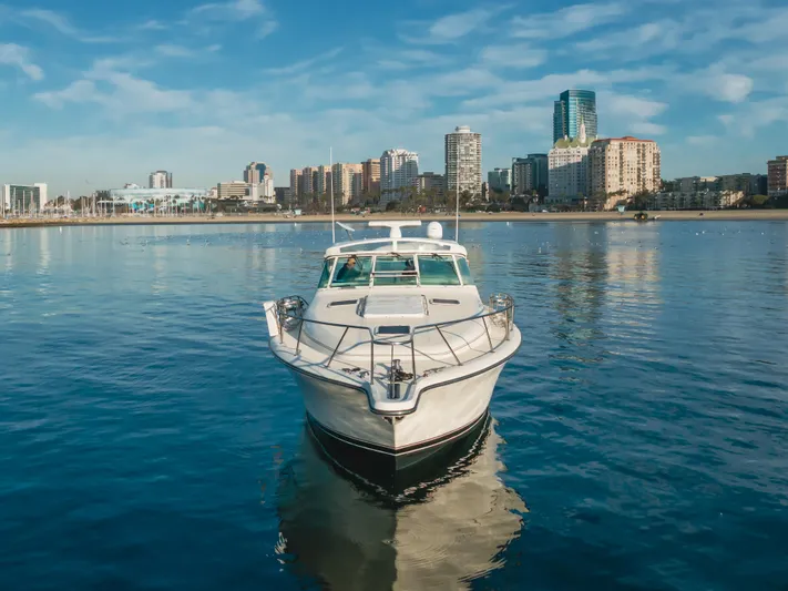 Miss Michelle Yacht Photos Pics 1996 Tiara Yachts 4300 on calm water with city skyline in background.