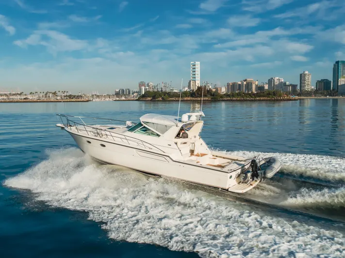 Miss Michelle Yacht Photos Pics 1996 Tiara Yachts 4300 cruising on calm waters near a city skyline.