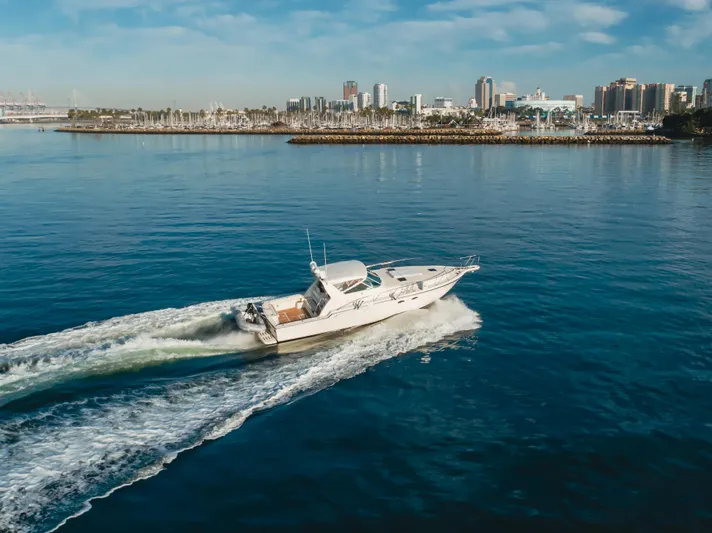 Miss Michelle Yacht Photos Pics 1996 Tiara Yachts 4300 cruising on calm waters with city skyline in background.