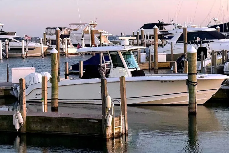 Yacht Photos Pics 2019 Boston Whaler 330 Outrage docked at marina during sunset.