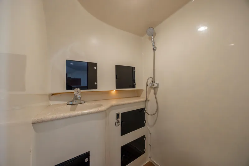 Nuts And Bolts Yacht Photos Pics 1998 Scopinich Custom Express boat bathroom with shower and sink.