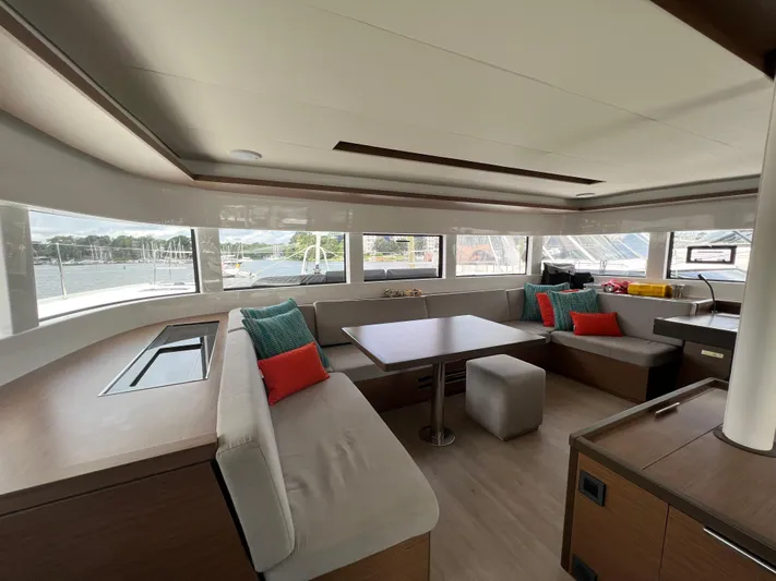 Buena Vida Yacht Photos Pics Interior of 2023 Lagoon 50 yacht with spacious seating and modern design.