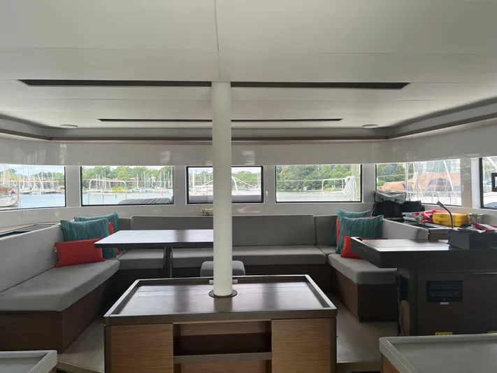 Buena Vida Yacht Photos Pics Interior of 2023 Lagoon 50 catamaran with spacious seating and large windows.