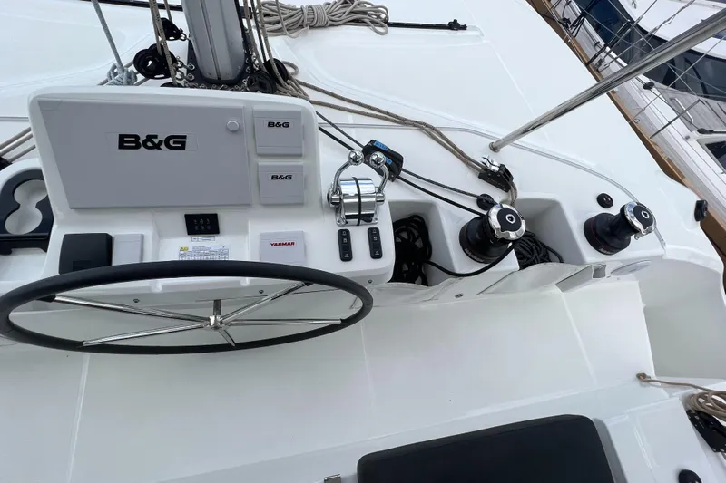 Buena Vida Yacht Photos Pics Cockpit of 2023 Lagoon 50 yacht with B&G navigation system and steering wheel.
