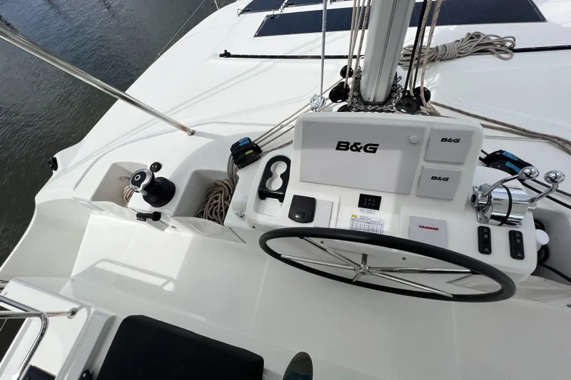 Buena Vida Yacht Photos Pics Helm station of 2023 Lagoon 50 catamaran with B&G navigation equipment.