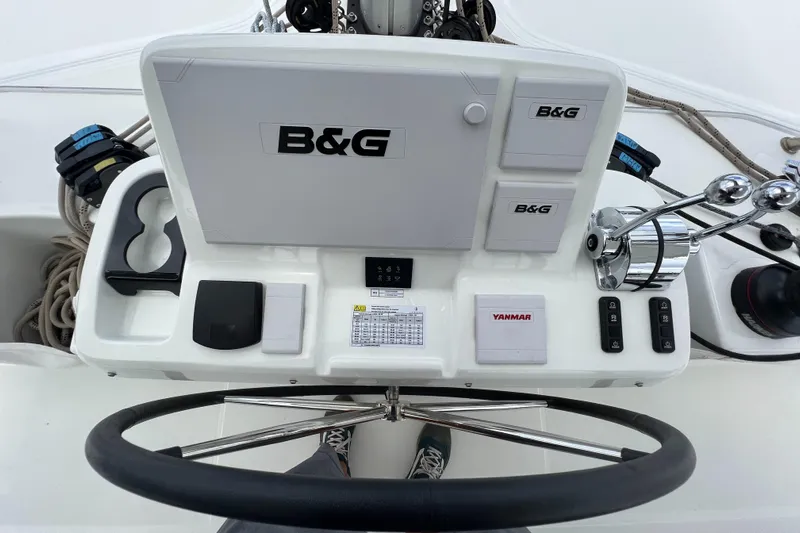 Buena Vida Yacht Photos Pics Helm station of 2023 Lagoon 50 catamaran with B&G navigation system.